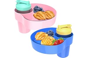 OMYPOTT 2PCS Kids Car Seat Snack Tray: Travel Trays for Kids Car Cup Holder, Toddler Road Trip Essential, Travel Snacks Food Plate for Stroller, Boosters, and Anywhere with a Cup Holder -Blue&Pink