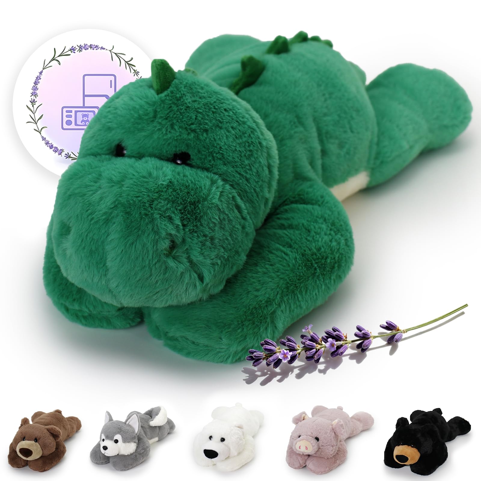 OSOCU® Microwavable Weighted Stuffed Animal - Green Dino Heating Pad with Lavender & Tourmaline - Soothing Heatable Toy for Menstrual Cramps, Muscle Aches, Shoulder Tension - Warm Compress Plush
