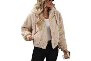 Vipwest Women's Faux Fur Crop Coat Full Zip Fleece Sherpa Jacket with Hood