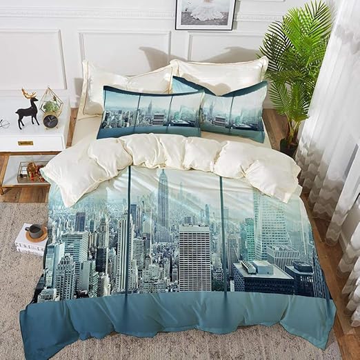 Juego de cama, microfibra,Vista aérea de una gran ciudad moderna llena