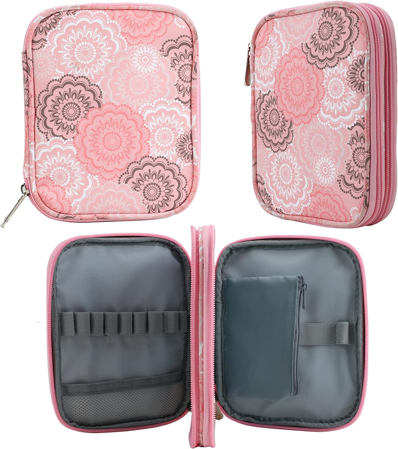 JOZEA Crochet Hooks Case, Empty Zipper Storage Organizer Bag with Web Pockets for Various Crochet Needles, Knitting Accessories, Crochet Hook Kit Tools (Pink)