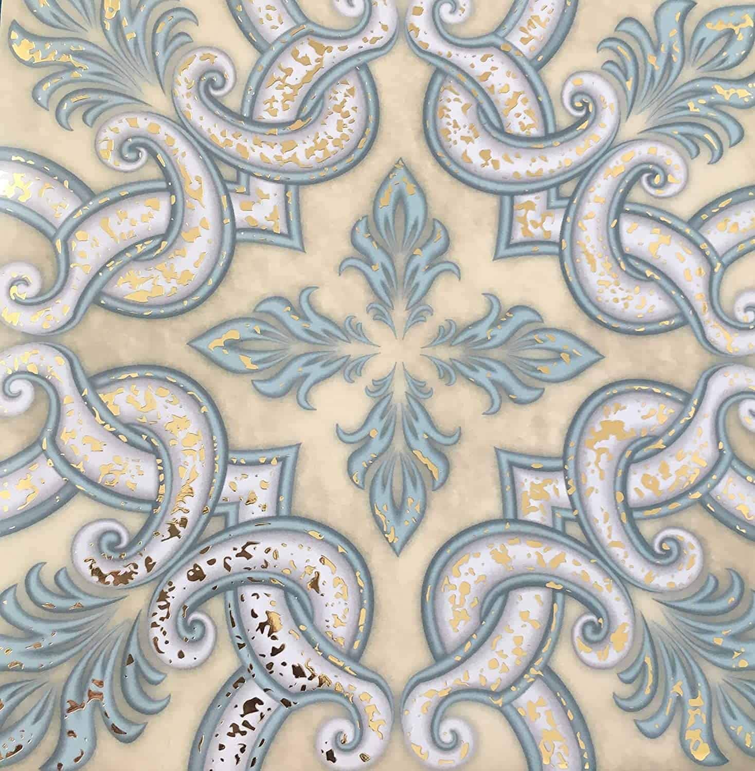 Traditional Gold foil Tile Stickers Vintage Victorian self Adhesive wall Art Decor transfers Cover-Bathroom backsplash Kitchen splashbacks Moroccan Peel and Stick Mosaic 6 x 6 Pack of 10 (Design 8)