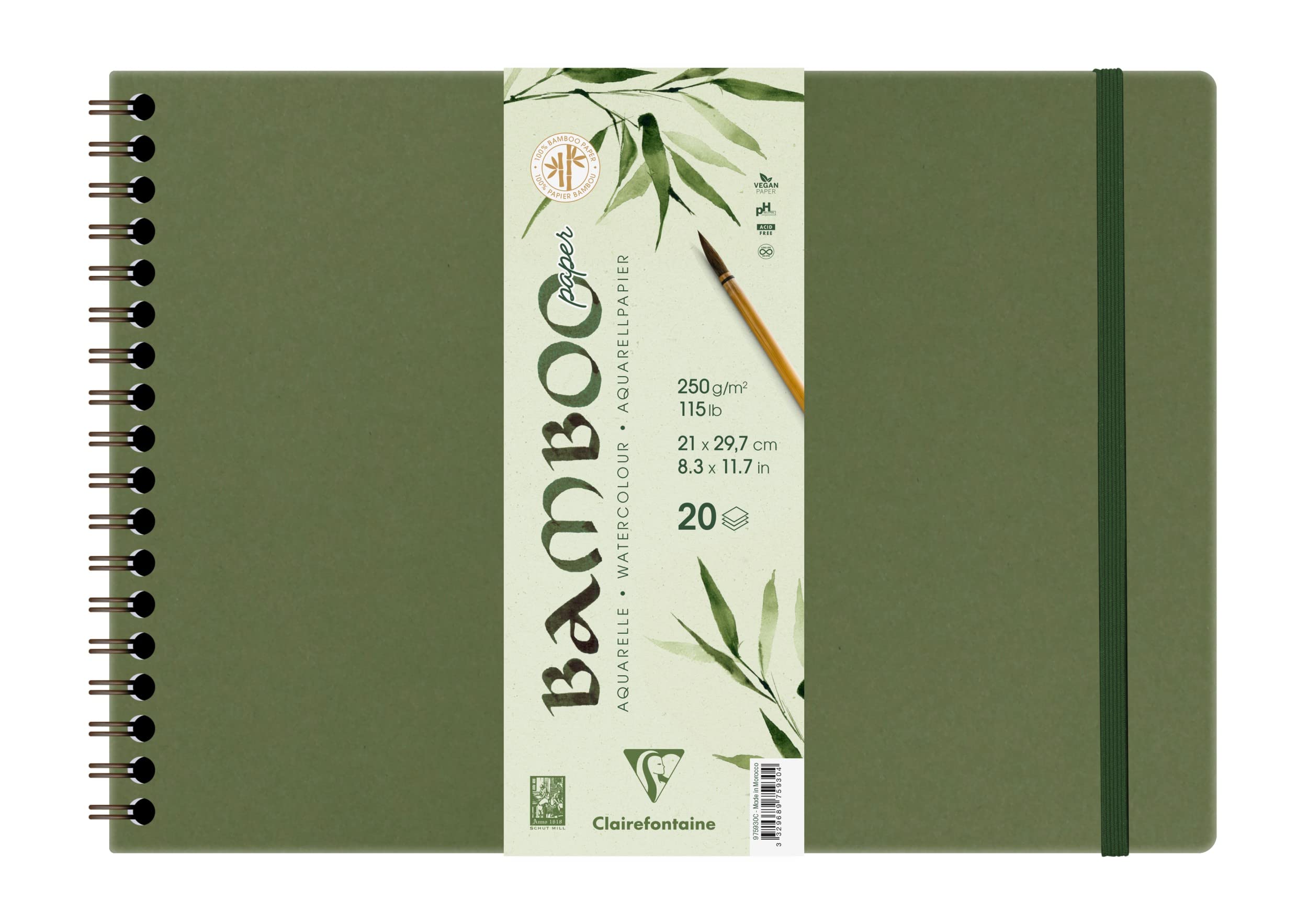 Clairefontaine 975930C - Bamboo Spiral-bound Notebook - 20 Sheets of Watercolour Paper, Natural White, Vegan - Finely Marked Grain, A4 21x29.7 cm, 250g