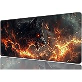 Wolf Desk Mat Black Wolf Magic Fire Smoke Fantasy Gaming Mouse Pad Mat with Stitched Edge Non-Slip Base Big Mouse Pad Office Computer Keyboard Laptop Home, 31.5x11.8 Inch