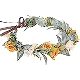 KorViSHOW Yellow Flower Crown Headband - Orange Boho Floral Headpiece Fairy Woodland Rose Flower Headbands with Green Leaf for Women Girls Wedding Festival Vacation Renaissance Party Photography Props