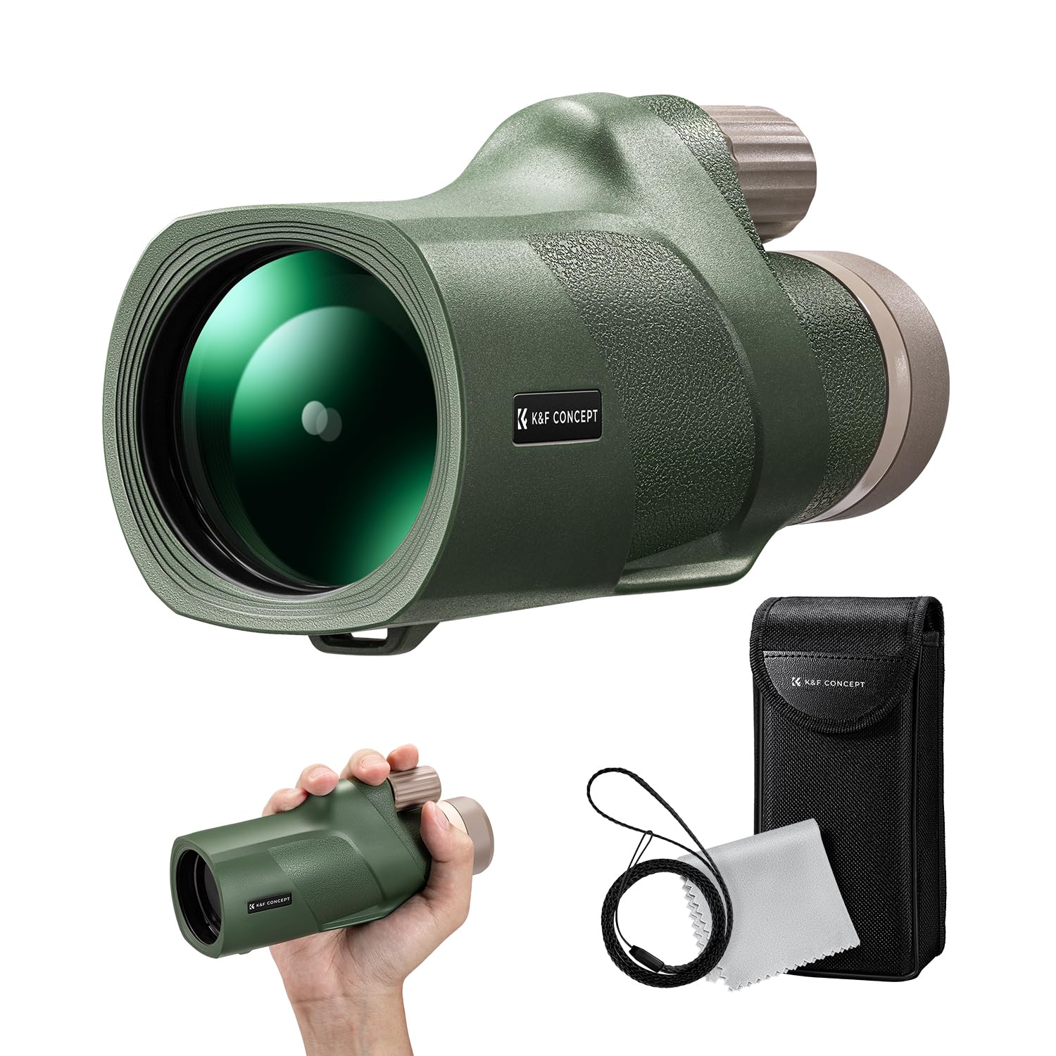 K&F CONCEPT 12X50 HD Monocular，Monoculars Telescope for Adults with BAK4 Prism & FMC Lens- IP66 Waterproof- for Bird Watching Hiking Hunting Camping Travelling, Green