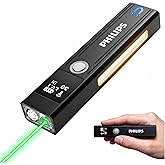 PHILIPS SFL6256 Rechargeable EDC Flat Flashlight with Green Laser, Warm and White LED Combo,1200 High Lumens Aluminium Portable Pocket Lights with 9 Modes,Triple Sources for Outdoors Emergency Working