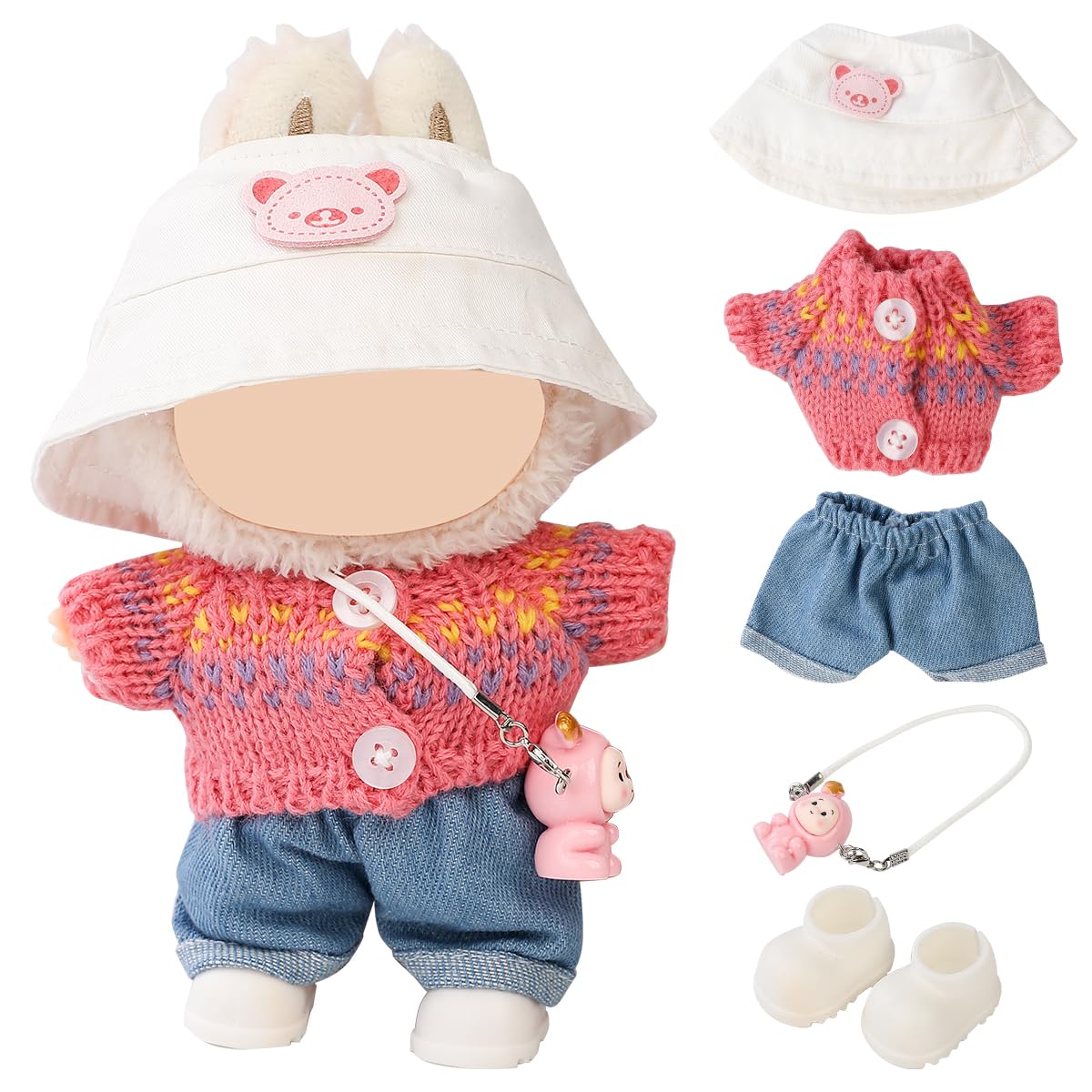 LEWOTE Clothes Set Compatible for Labubu Doll, Hat Suit Ornaments Accessories Set for 17cm/6.7inch Doll (Watermelon Powder Set) — image 1