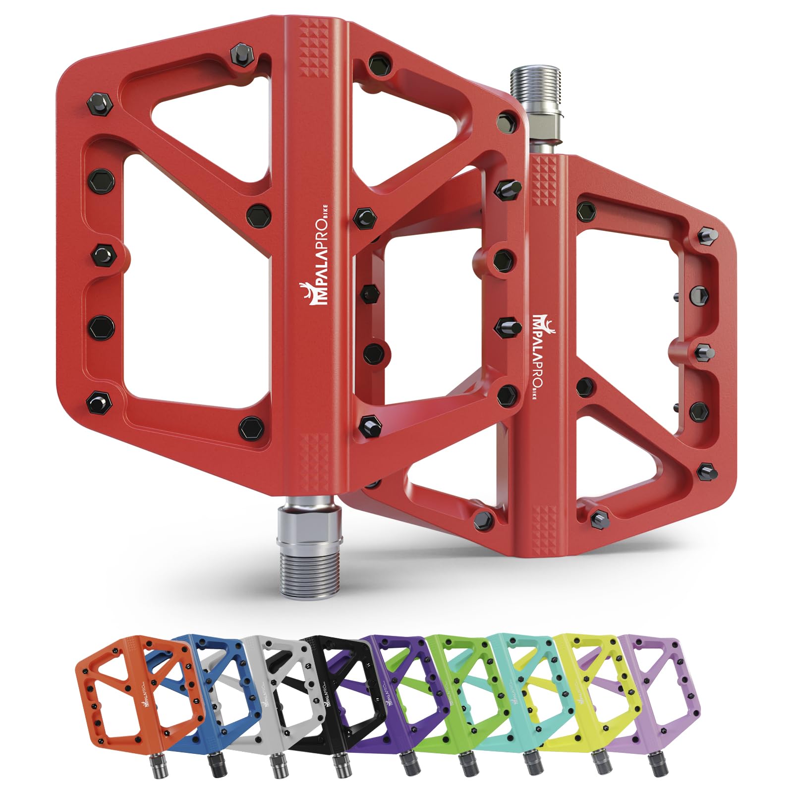 IMPALAPRO - Bike Pedals Nylon Fiber Selaed Bearing 9/16" - Non-Slip MTB pedals - Lightweight and Wide Flat Platform cycling Pedals for BMX Road MTB E-Bike (Red)