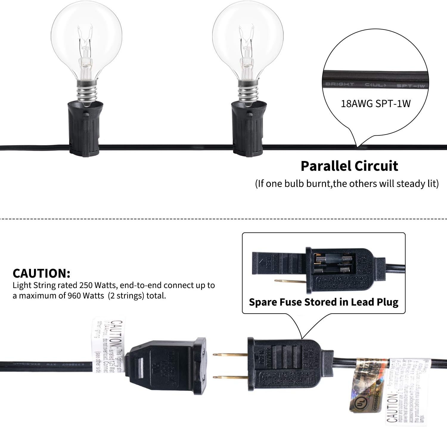 Brightown 50Ft G40 Outdoor Patio String Light-Connectable Globe Lights with 52 Clear Bulbs(2 Spare), UL Listed Backyard Lights for Indoor Commercial Decor, 50 Hanging Sockets, E12 Base, 5W Bulb, Black - - 