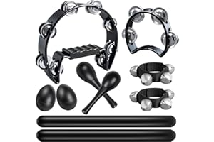 ZHIBEIYOU 10 Pcs Black Tambourines for Adults - Half Moon Tambourine, Wood Rhythm Sticks, Bells Tambourine, Wrist Bells, Egg Shakers, a Pair Maracas, Musical Percussion Instrument Set for Church,Party