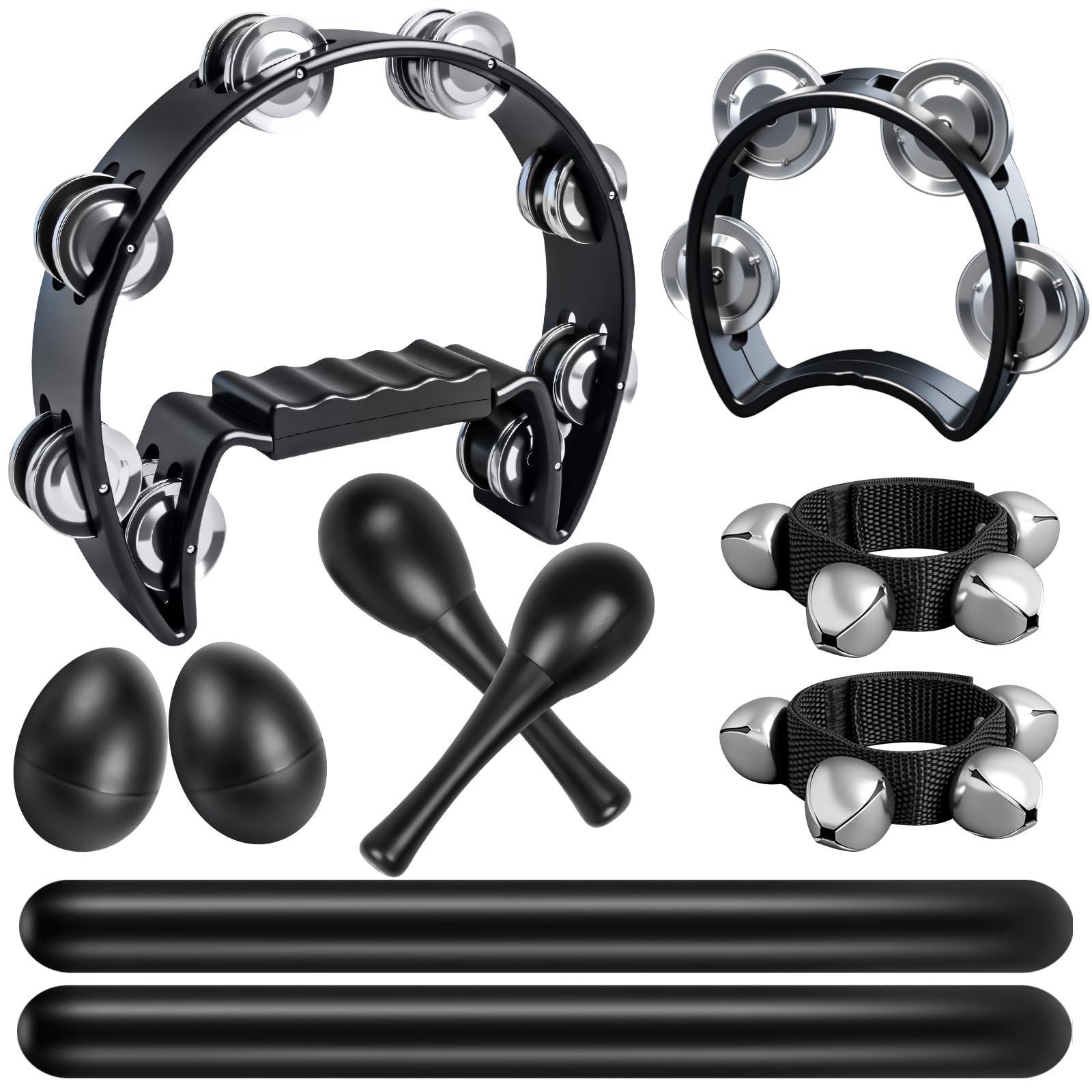 Photo 1 of 10 Pcs Black Tambourines for Adults - Half Moon Tambourine, Wood Rhythm Sticks, Bells Tambourine, Wrist Bells, Egg Shakers, a Pair Maracas, Musical Percussion Instrument Set for Church,Party