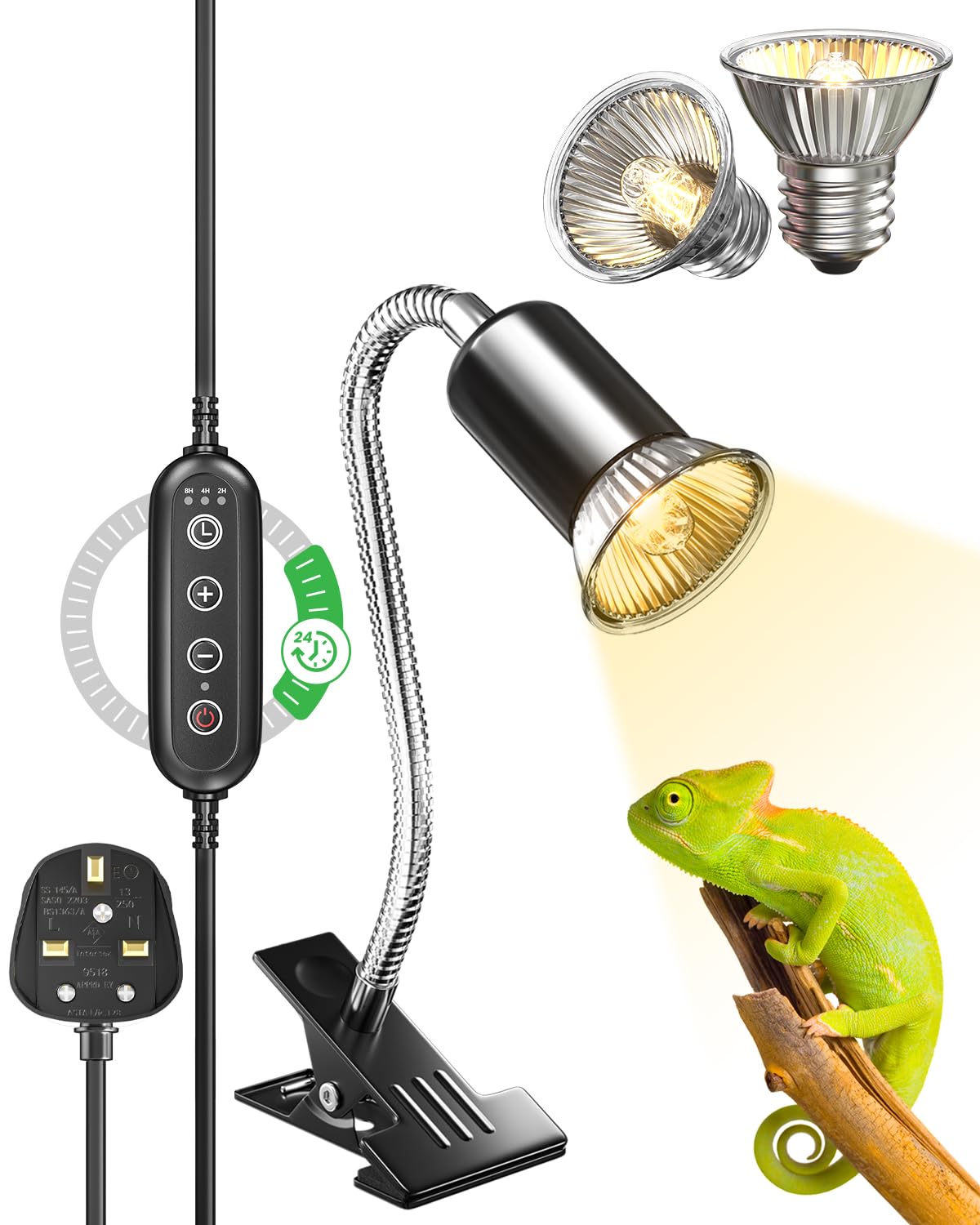 GlowUp Reptile Heat Lamp with Cycle Timer, Tortoise Heat Lamps with Clip, 360° Rotatable Reptile Basking Light for Reptiles Lizard, Turtle, Snake, Chameleon, with 2*E27 Basking Bulb