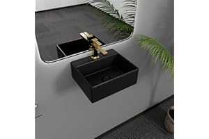 Davivy 13.2"x11.4" Wall Mounted Matte Black Small Rectangle Vessel Sink with Pop Up Drain and Installation Kit,Bathroom Sink Above Counter,Ceramic Vessel Sink (Small,Dual Installation Method)