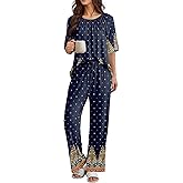 Ekouaer Pajamas for Women Set Short Sleeve Printe Lounge Sets Soft Pjs Round Neck Loungewear with Pockets S-XXL