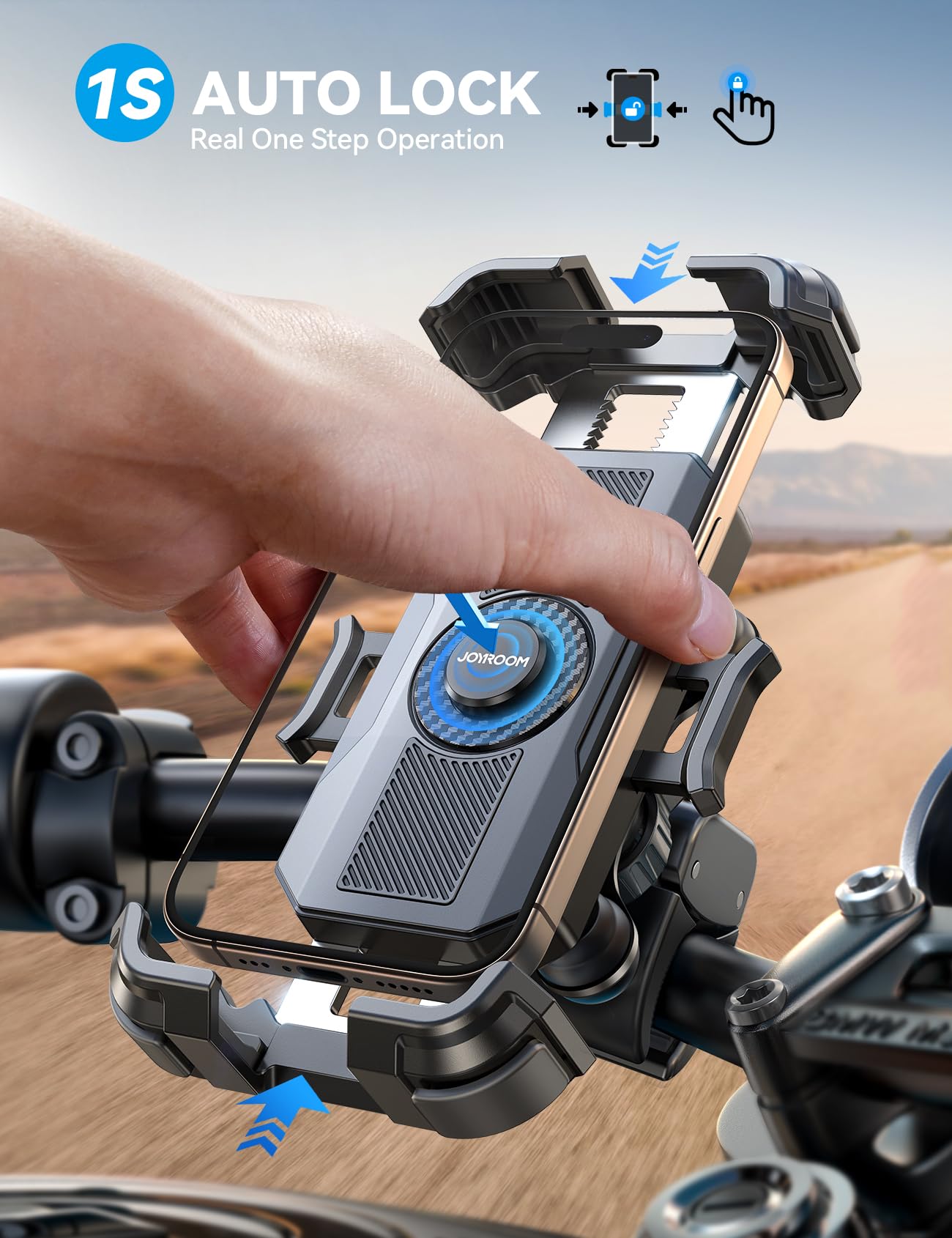JOYROOM Motorcycle Phone Mount Holder - [Dual Vibration Dampener] 150mph Anti-Shock Phone Holder for Motorcycle [Upgrade Metal Handlebar Clamp] - Bicycle Bike Phone Holder Mount for 4.7-7