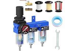 KANBOL 1/4''NPT Triple Stage Filter and Regulator with Pressure Gauge, for air Drying System with 5 and 0.5 and 0.01 Micron Brass Filter Cartridge air Compressor FRL Unit-Blue