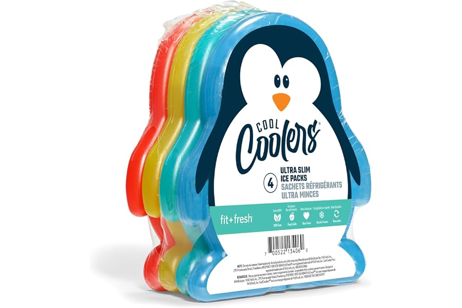 Cool Coolers by Fit & Fresh Reusable Kids Lunch Box Ice Packs, 4pk | Shaped Character Ice Packs for Kids, Slim Design for Lunch Bags & Coolers, Quick Freeze, BPA-Free, Multicolored, Penguin