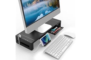 Desk Monitor Stand with Drawer, AQQEF Width Adjustable Monitor Riser with Storage,Laptop and Computer Screen Shelf Organizer 