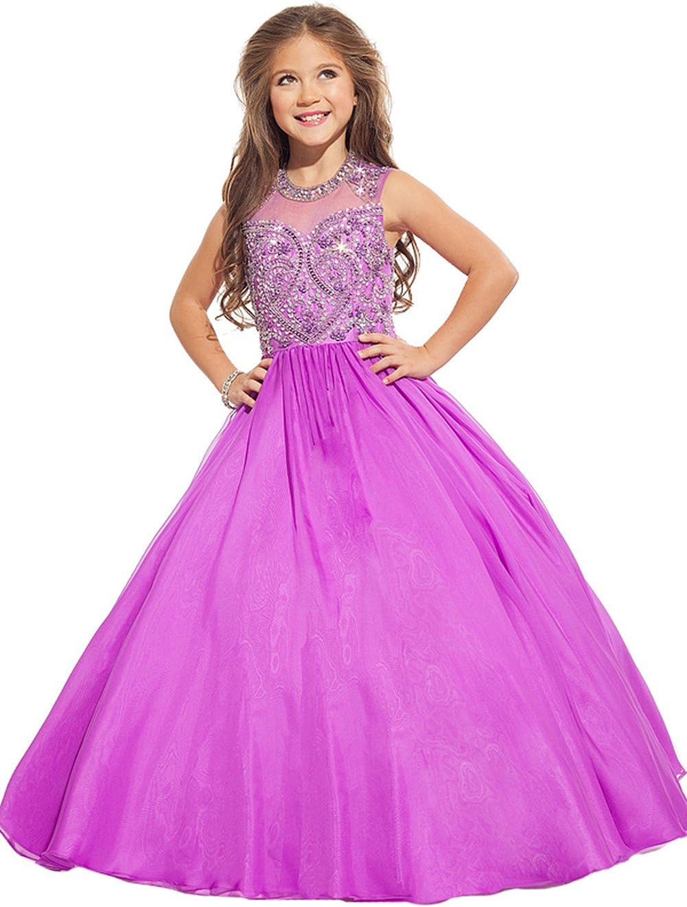 BeiMei Girls' Crew Hollow Pre-Teen Crystals Long Princess Pageant Dress
