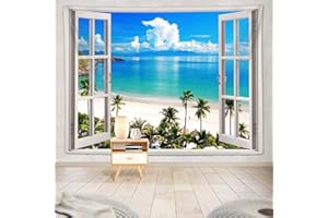 SANZUGH Ocean Beach Tapestry, Hawaii Sea Nature Fake Faux Window Art Tapestries Wall Hanging For Bedroom College Dorm Living Tropical Summer Room Office Decor 60X40" Aesthetic Poster