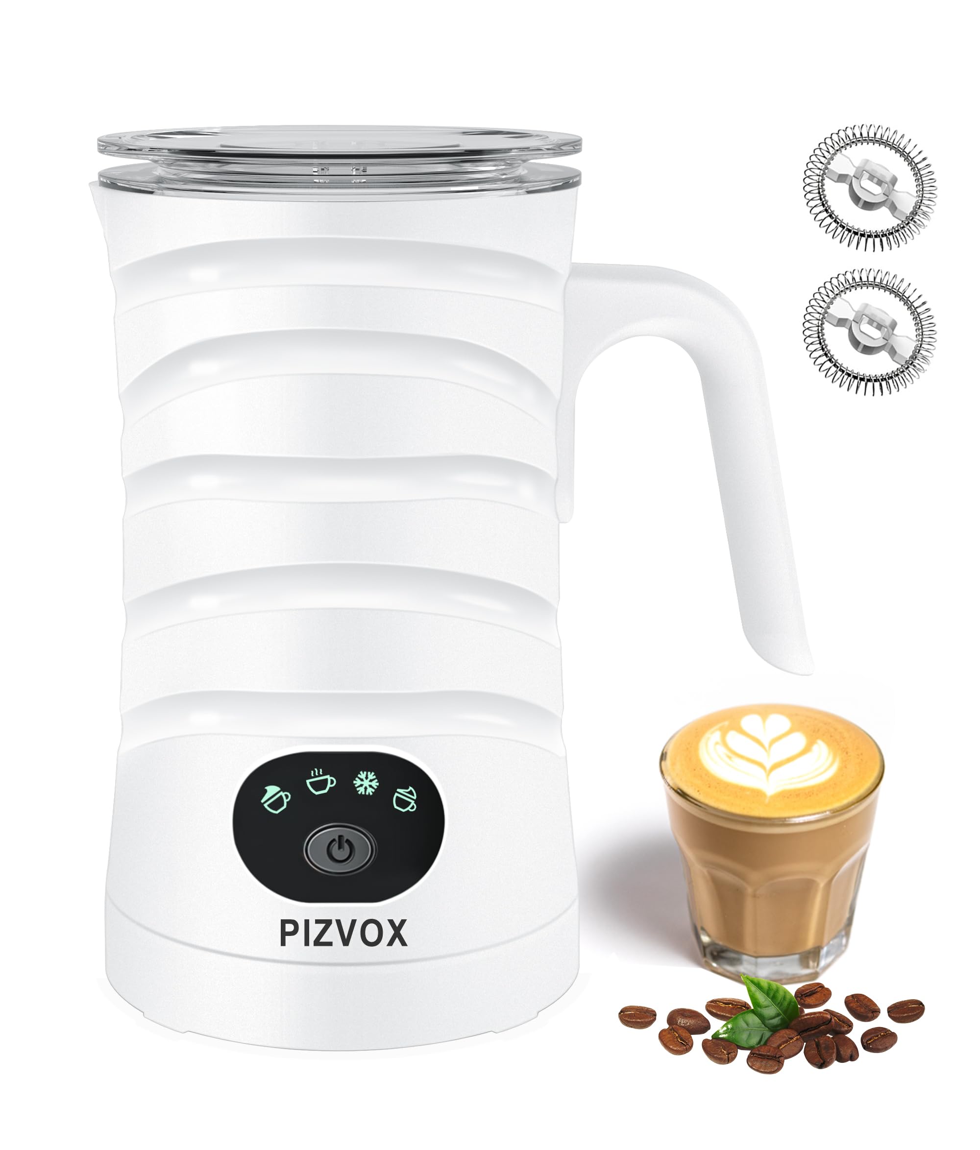 Photo 1 of PIZVOX 4-in-1 Electric Milk Frother and Steamer - Versatile & Quiet Foam Maker with Automatic Shut-Off - Perfect for Lattes, Cappuccinos, Macchiato - Large 350ml Capacity for Home Baristas (White)