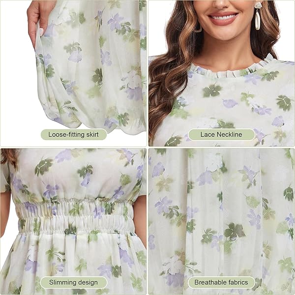 UTOKOTO WOMEN’S GARDEN SUMMER BOHO DRESSES RUFFLED ROUND NECK PLEATED SLEEVE TIE BACK STRAP IMPERIAL WAIST BEACH FLORAL MINI SKIRT (US, ALPHA (ALPHA), S, REGULAR, LIGHT GREEN), SMALL