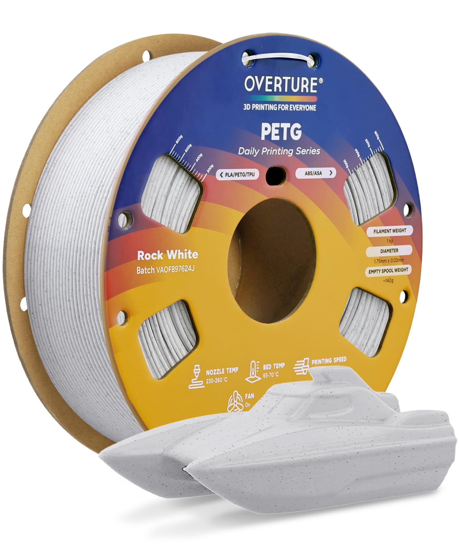 OVERTURE PETG 3D Printer Filament 1.75mm, Neatly Wound Durable PETG, 1kg Spool (2.2 lbs), Strong Toughness Filament, Accuracy +/- 0.02mm, Fit Most FDM Printers (Rock White)