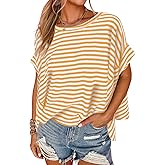 Tankaneo Womens Oversized Striped Tshirts Irregular Hem Batwing Short Sleeve Tops Summer Casual Round Neck Tee Shirts