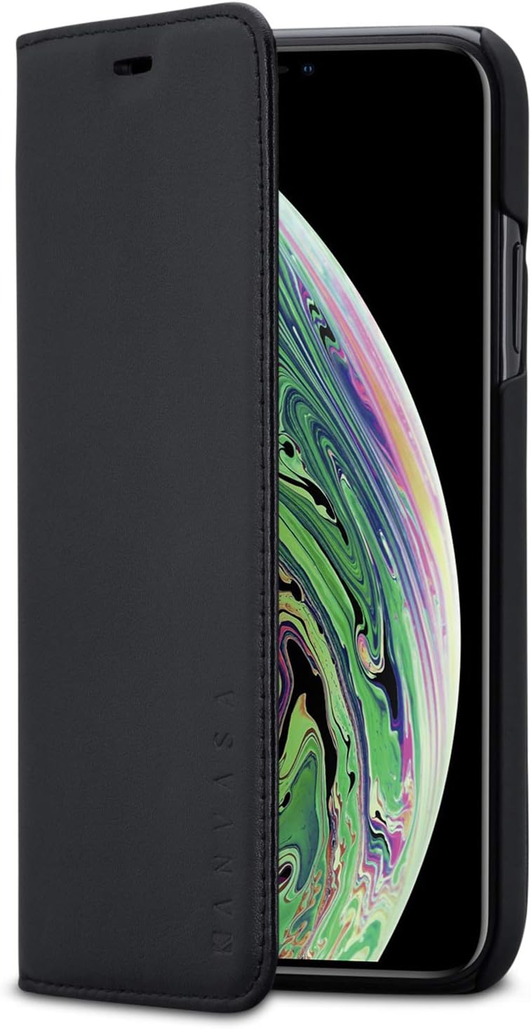 iPhone XR Leather Case Flip Cover Black - KANVASA Pro Premium Genuine Leather Wallet Book Folio Case for The Original iPhone XR / 10R (6.1 inch) - Ultra Thin with Magnetic Closure