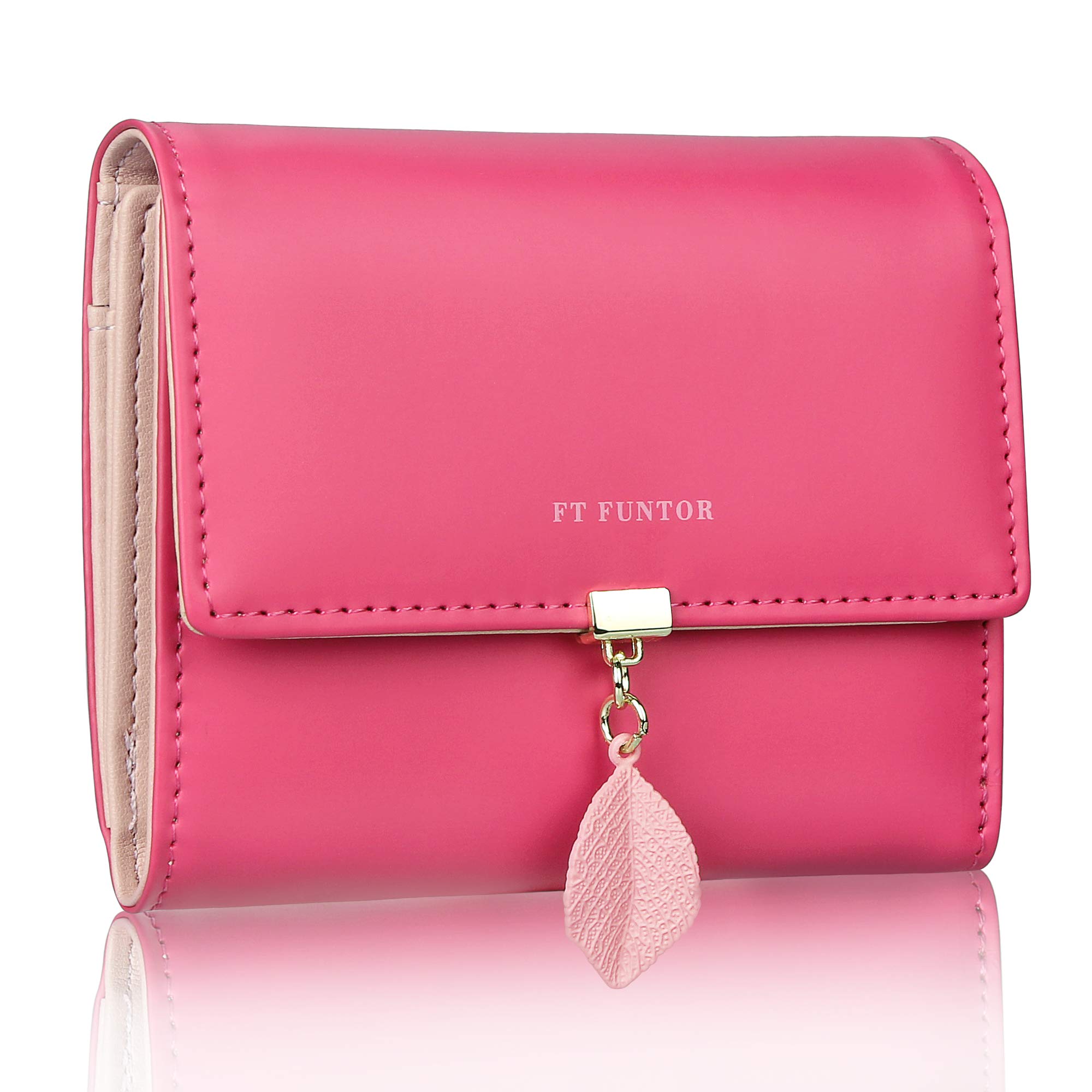 FT FUNTOR PU Leather Wallet for Women RFID-Blocking, Ladies Bifold Leaf Pendant Coin Zipper Small Purse with 5 Card Slots and 1 ID Window Card Holder Organizer (S-Rose Red) โ image 1