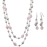 Belacqua Natural Aquamarine or Rose Quartz Cultured Freshwater Pearl Layered Station Necklace in Sterling Silver, Multi-Strand 18" Rolo Chain, Real Pearl Jewelry for Women, Gift Box Included