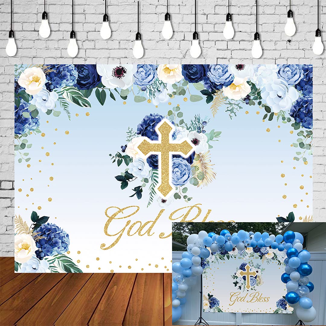WANGRJ God Bless Communion Backdrop First Baptism Christening Party Blue Flower Photography Background Newborn Boy Children Baby Shower Supplies Photo Booth Props 7x5FT,Blue