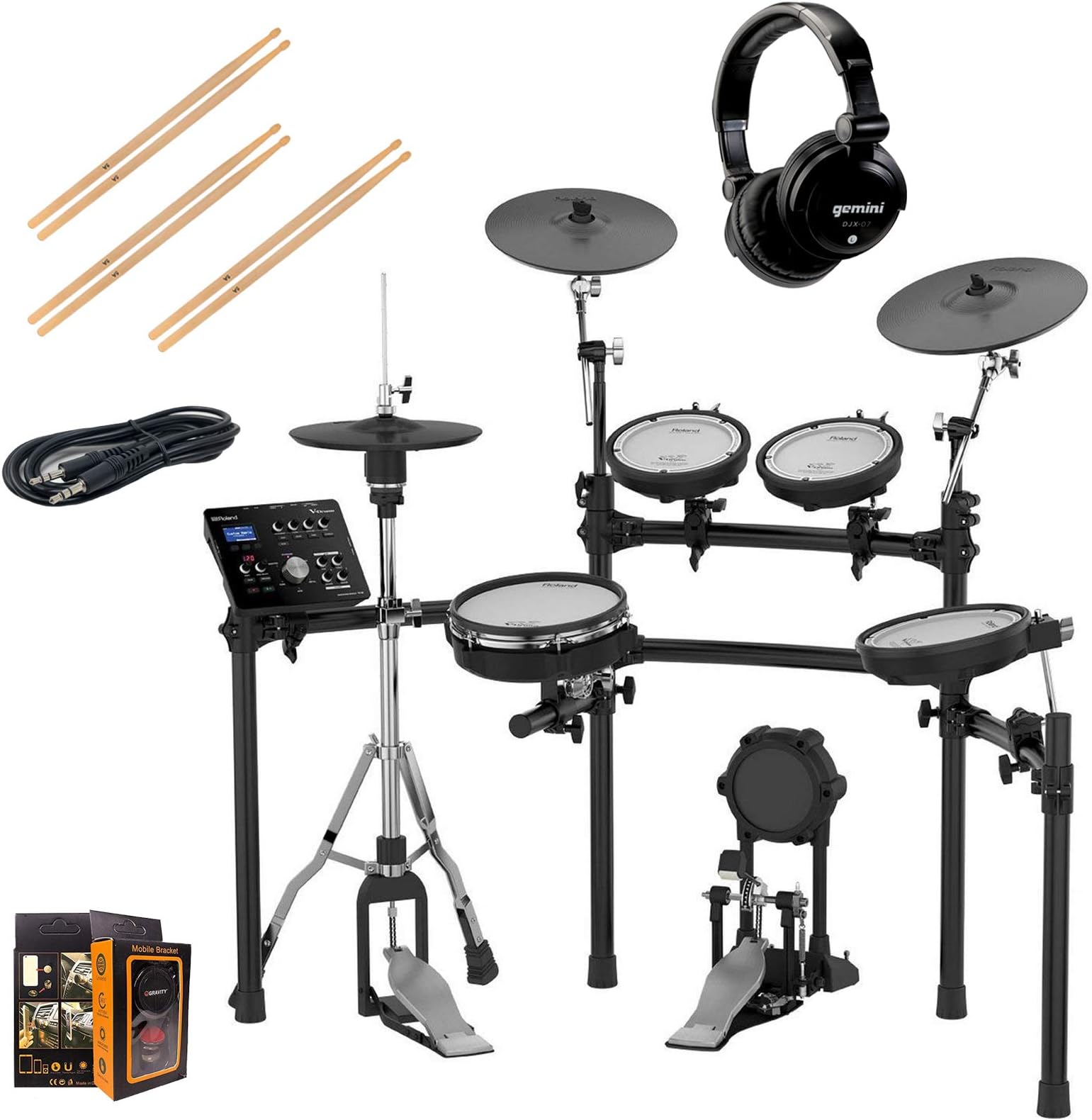 Roland PK TD-25K-S Electronic Drum Set Package with Gemini DJX-07 Headphones, 3 Pairs of Sticks, Aux Cable, and Free Mobile Holder