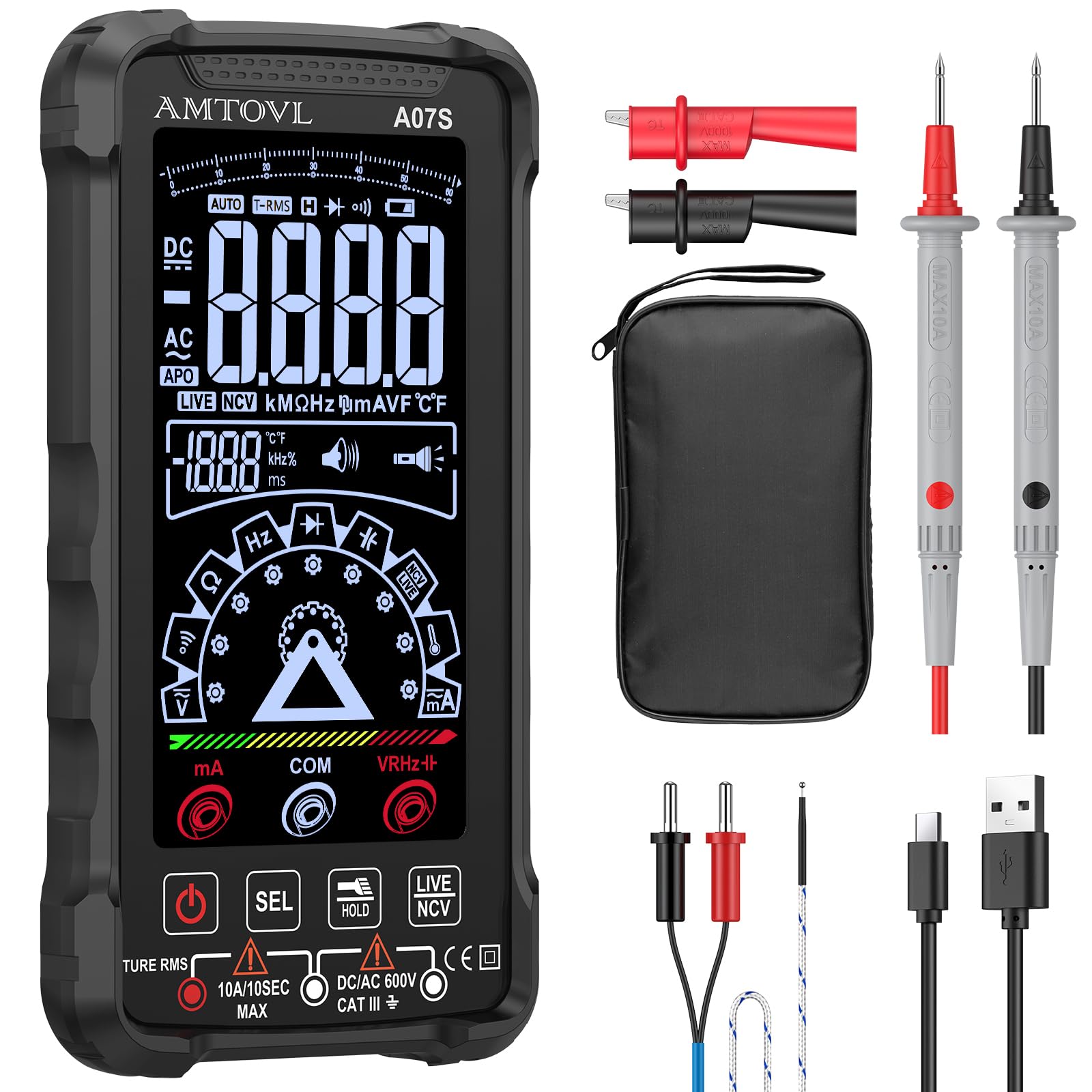 AMTOVL Digital Multimeter Tester - Auto-Ranging TRMS 6000 Counts Voltmeter Rechargeable Smart Multimeter LCD Screen Volt Meter, Measures Voltage, Current ect