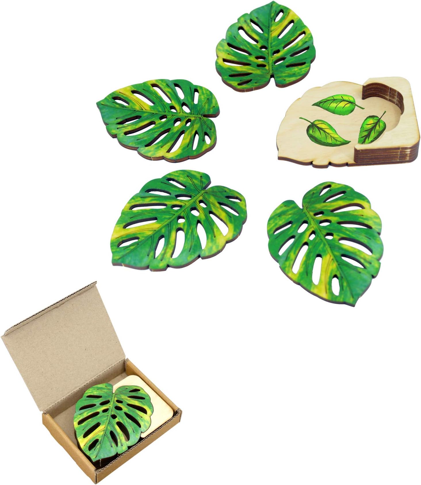RK Cart Leaf Decorative Wooden Coasters for Home Dining & Office Table Desk, Set of 4