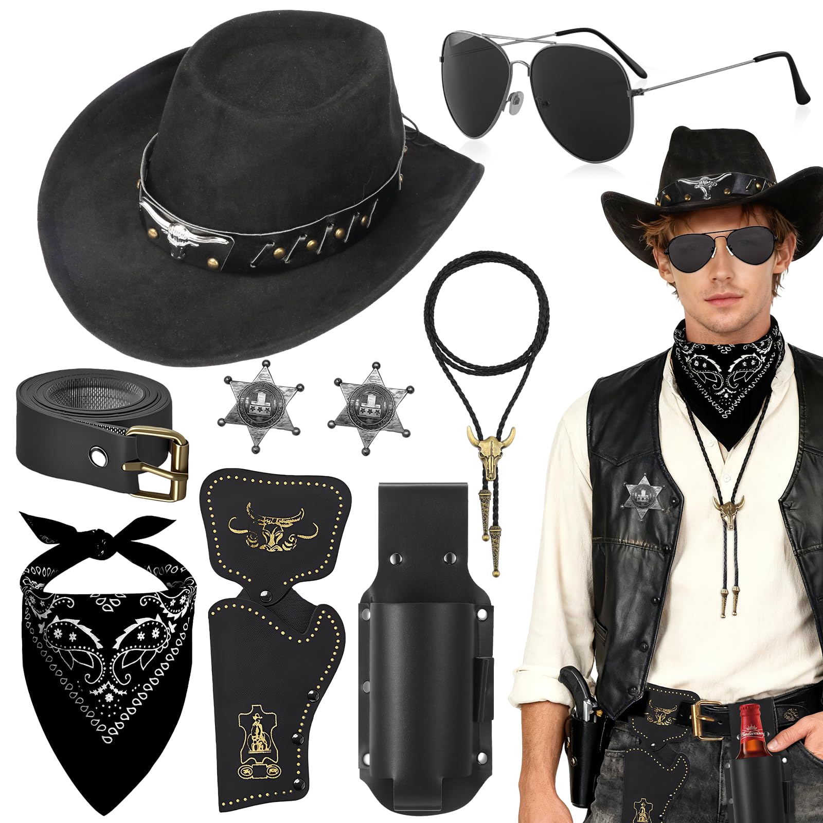 Kyndara 9Pcs Western Cowboy Accessory Set for Men, Wild Cowboy Outfit Kit with Hat Necklace Sunglasses Badges Belt Bandana Beer Holster for Adult Carnivals Cosplay Parties