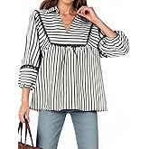 Tankaneo Womens Striped Babydoll Tops Oversized 3/4 Sleeve Peplum Blouse Loose Fit Pleated Cute Shirts