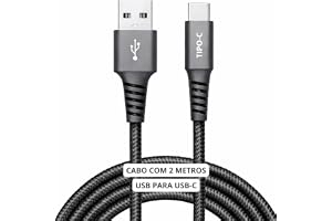 Cabo USB para USB-C 2 Metros 60W Turbo Carregamento Rápido — Nylon Trançado Reforçado Compatível iPhone 15/16 Samsung Galaxy Xiaomi MacBook Notebook Tablet — Preto