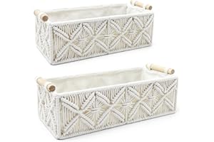 Nonam Macrame Storage Baskets, Boho Decor Style Woven Storage Boxes for Home Organization, Toilet Tank Shelf Cabinet Organizer Baskets,Set of 2 - White