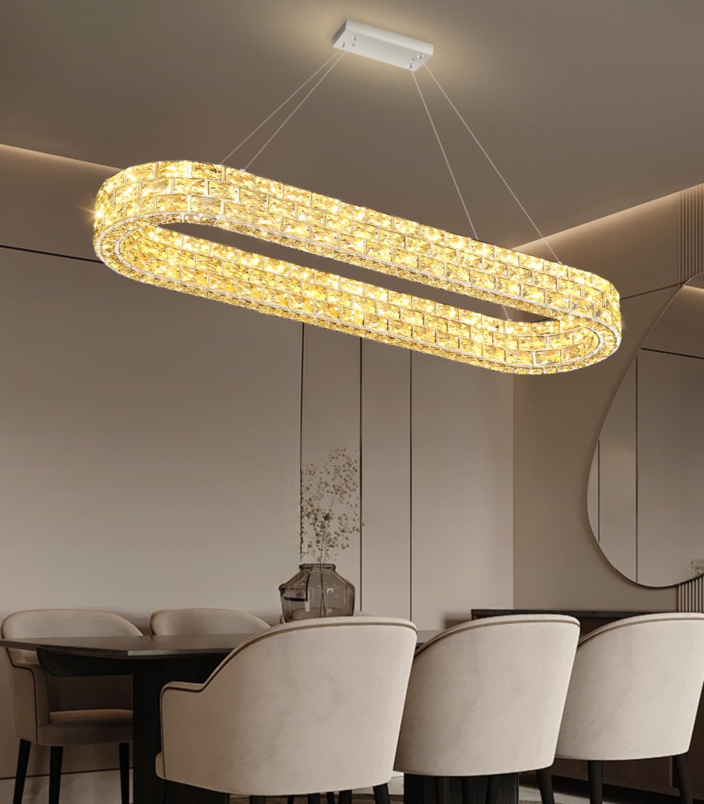 Photo 1 of AFQEJG 40'' Oval Crystal Chandelier Modern Chandeliers LED Dimmable Ceiling Fixtures Contemporary Luxury Pendant for Dining Room Bedroom Living Room Silver