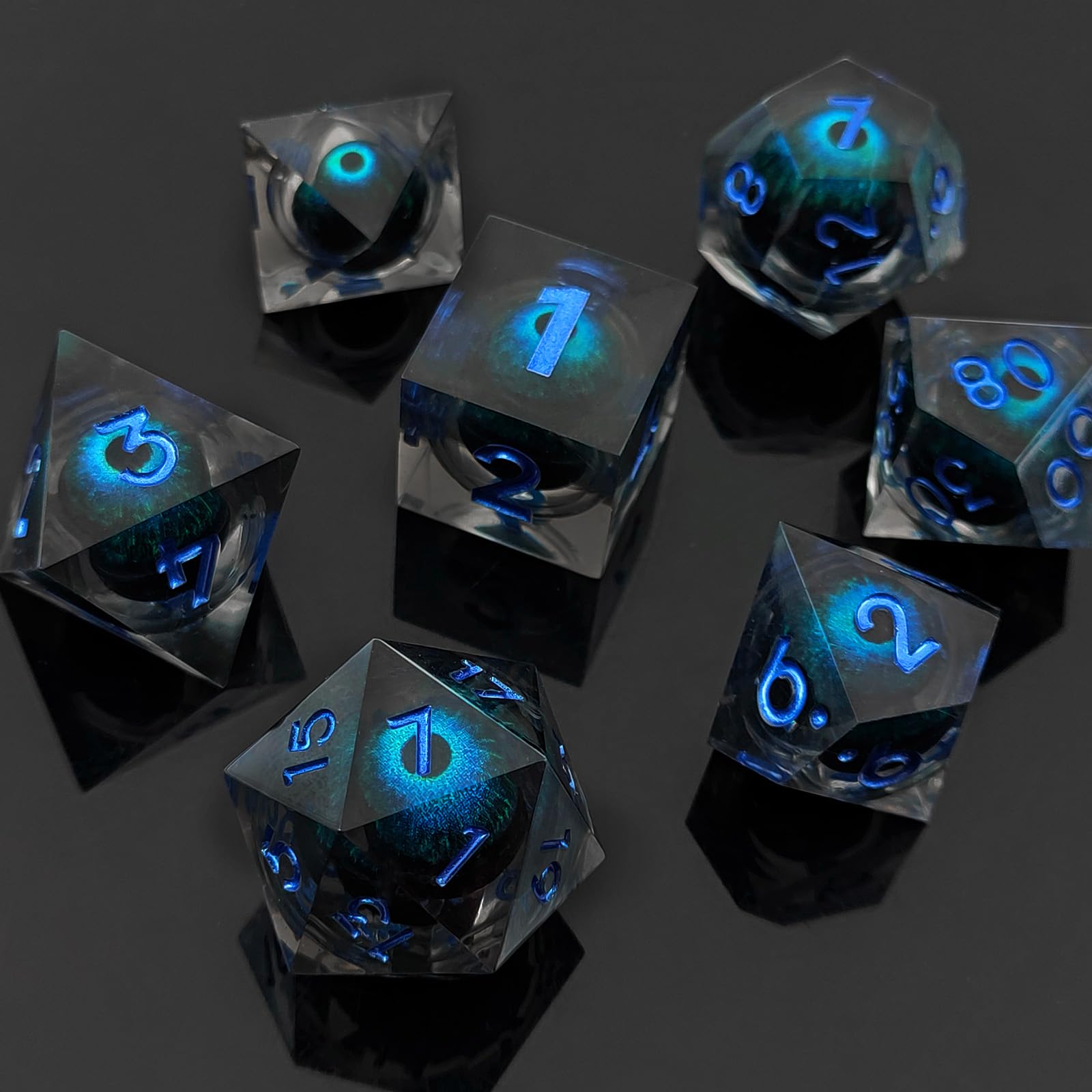 ORUZA 7 PCS Dragon Eye DND Dice Liquid Core D&D Dice Resin Sharp Edge Polyhedral D&D Dice Set for Dungeons and Dragons Role Playing Die D20 D12 D10 D8 D6 D4 D%