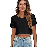 DSPSAM Womens Basic Summer Round Neck Crop Tops Loose Rolled Short Sleeve Solid Tee Shirt