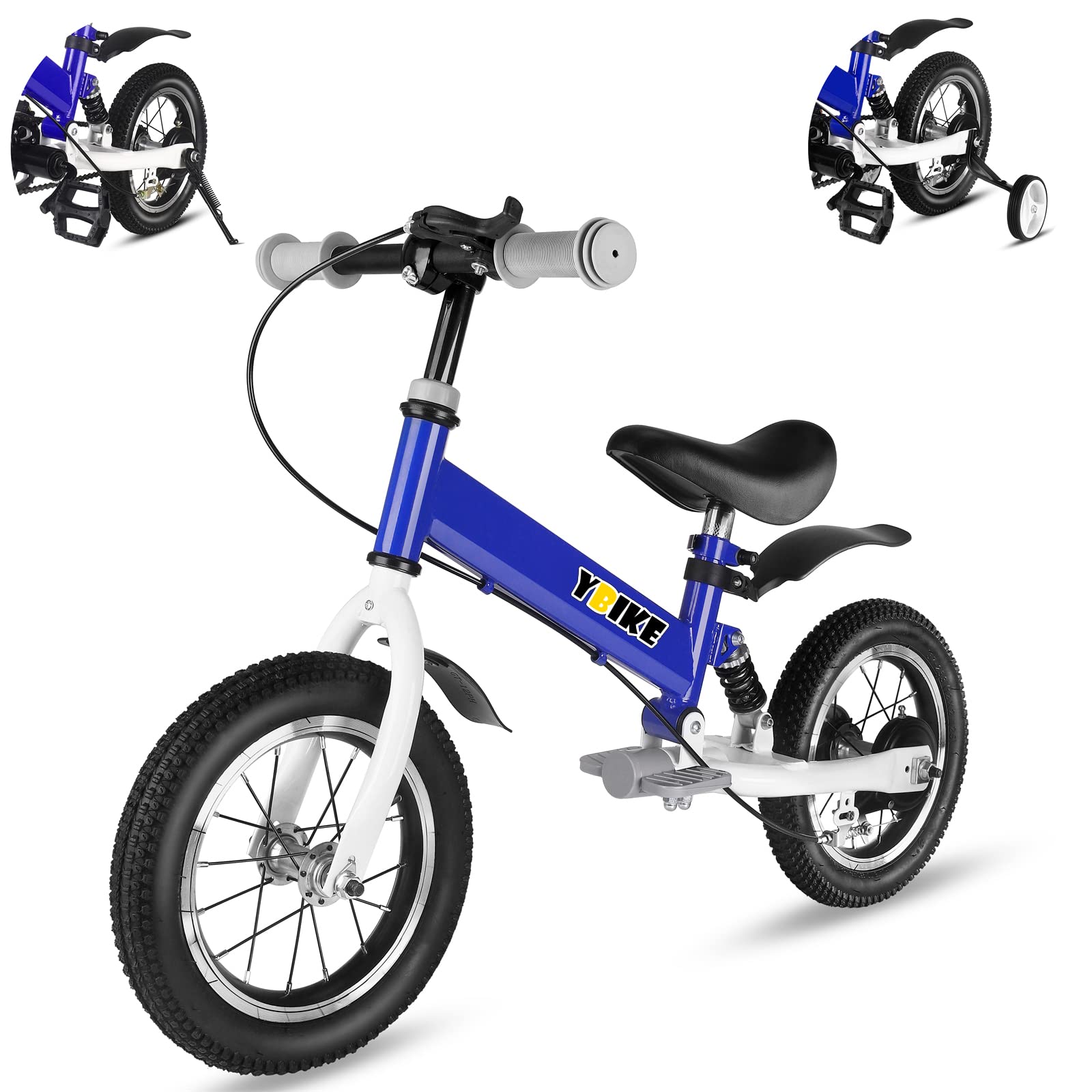YBIKE 2 in 1 Kids Bike, 14 Inch Kids Balance Bike for 2-7 Years Old, Balance Bike with Pedals, Shock Absorber, Fenders, Brakes, Adjustable Handlebars and Seat （Blue）