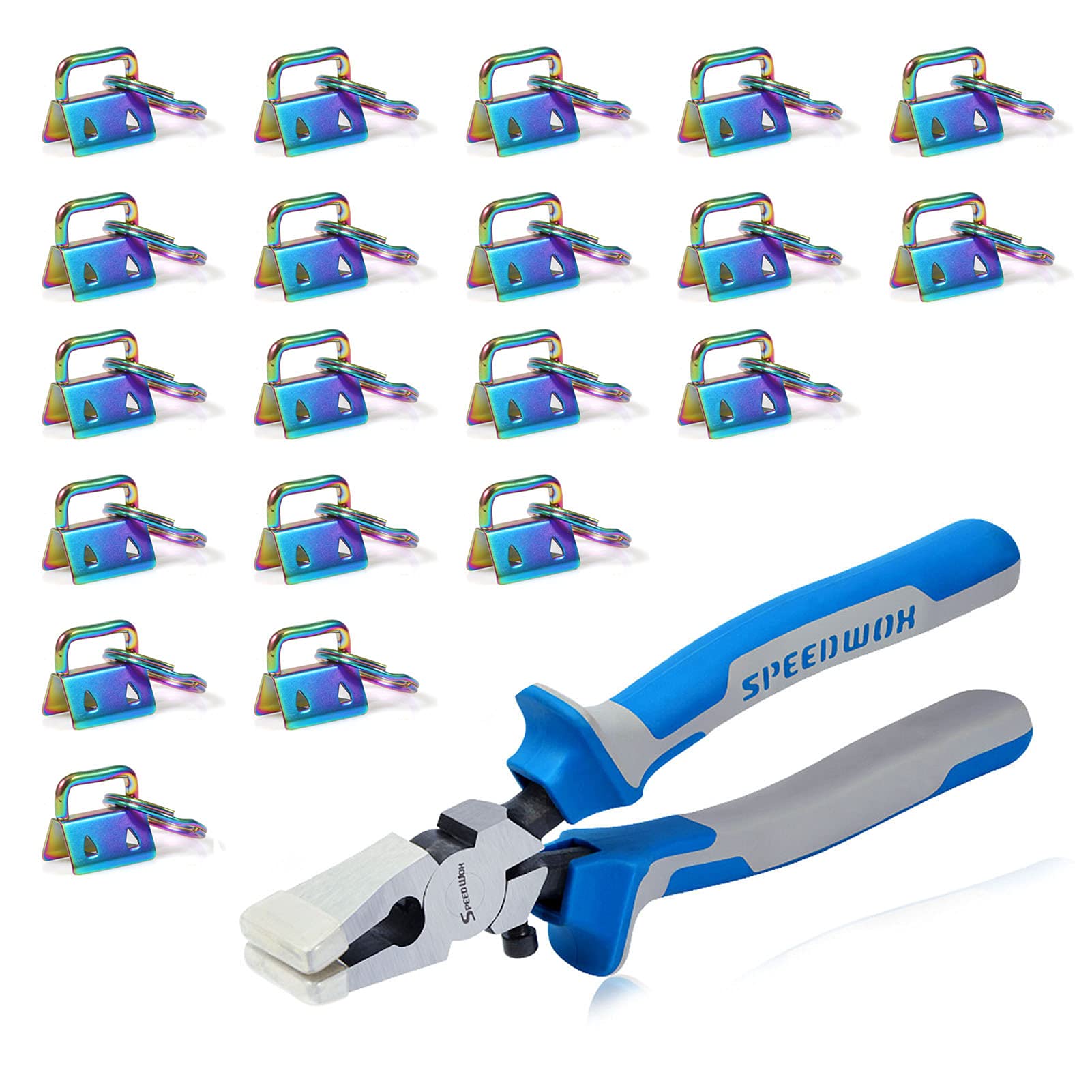 SPEEDWOX 20Pcs 0.8" Rainbow Key Fob Hardware with Key Fob Pliers Set, 8" Glass Breaking Pliers with Rubber Tips, Flat Jaws, Hardware with Key Ring for Wristlet Keychain Hardware