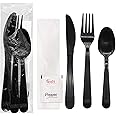 Party Essentials Individually Wrapped Plastic Cutlery Packets/Heavy Duty Silverware Kits, Fork/Spoon/Knife/Napkin/Salt/Pepper, 50 Utensils Sets, Black
