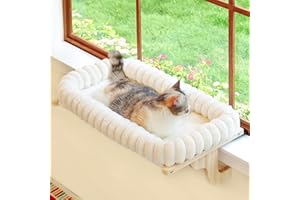 Zakkart SnugCloud Cat Window Perch with 4-Sided Bolster - Orthopedic Cat Hammock for Window Sill - Solid Hardwood & Metal Frame - Window Seat for Pets (Natural Color Wood w/White Bed, Medium)