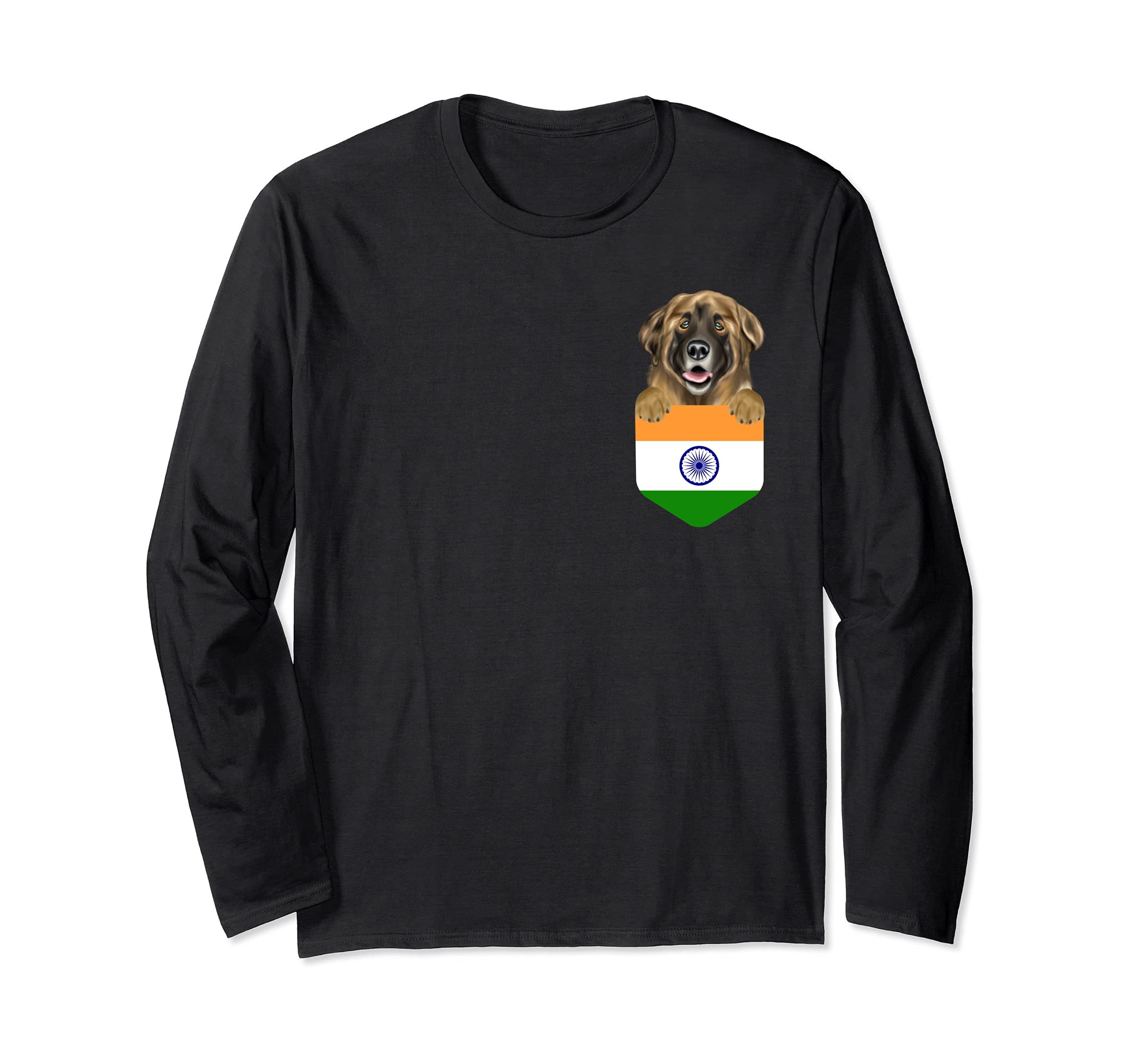 India Flag Leonberger Dog In Pocket Long Sleeve T-Shirt