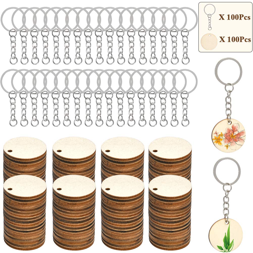 100Pcs of Natural Wood Slices, Unfinished Predrilled Log Discs Wooden Circles with 100Pcs Key Rings Combination Set, Ideal for DIY Christmas Decorations Ornaments