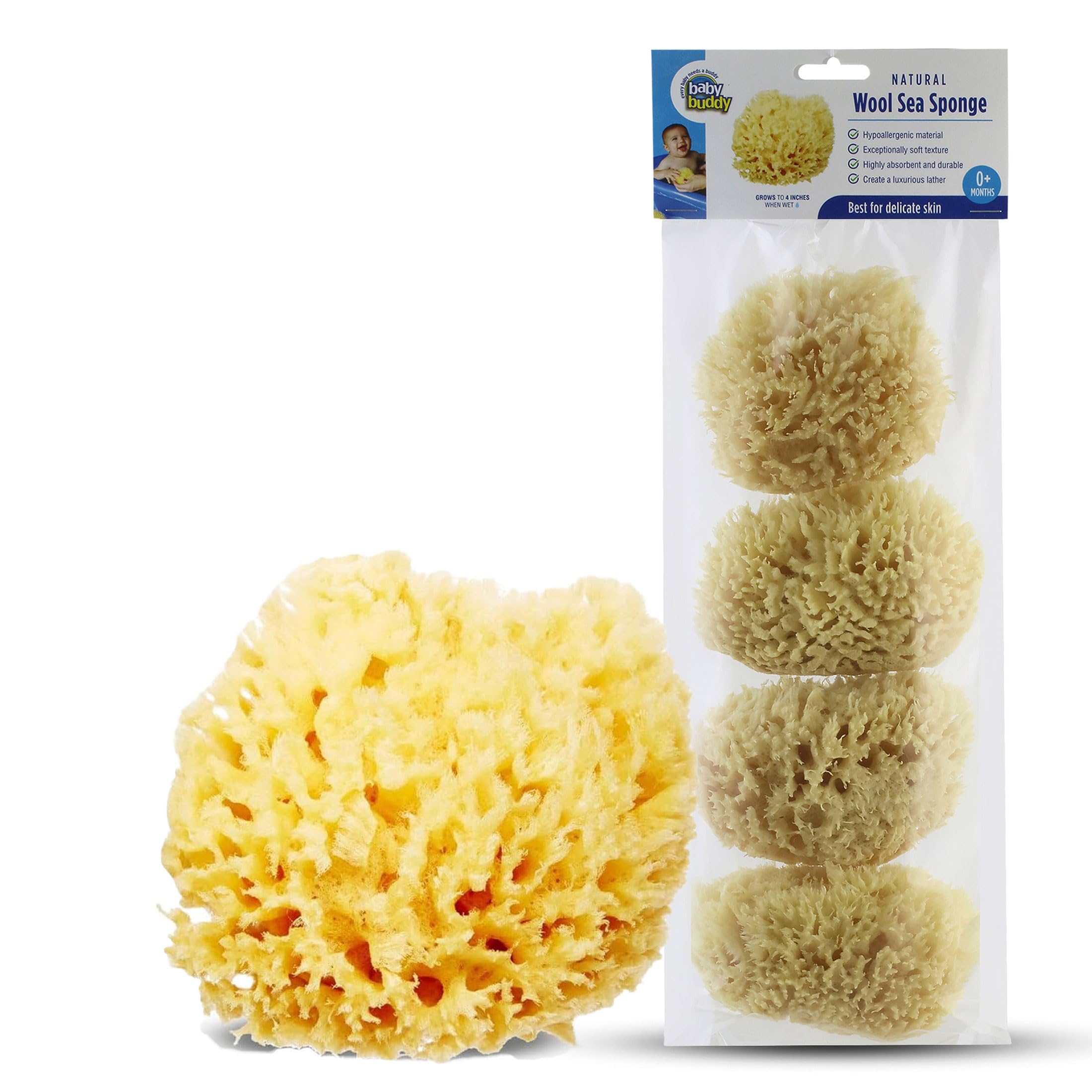 BABY BUDDY Ultra Soft Premium Sea Wool Sponge, 4in, Brown, 4 Pack